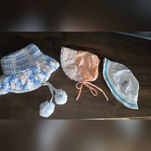 Vintage Lot Of 4 Cotton Hand Knit Lace Bonnet Heirloom Spring Bucket Hats 70 80